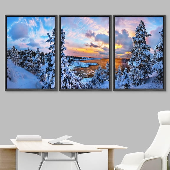 IDEA4WALL Framed Canvas Print Wall Art Set of 3 Vibrant Sunset Sky Snowy Winter Trees Nature Wilderness Photography Realism Decorative Landscape Scenic for Rooms - 16"x24"x3 Panels Black