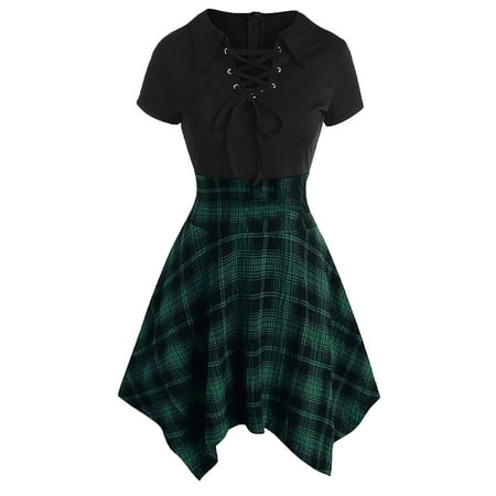 

Dresses for Women Sweater Dress Fashion Leisure Women Short Sleeve V-Neck Patchwork Bandage Plaid Dress Pink Dress Summer Dresses Womens Tops Dressy Casual on Clearance Green S