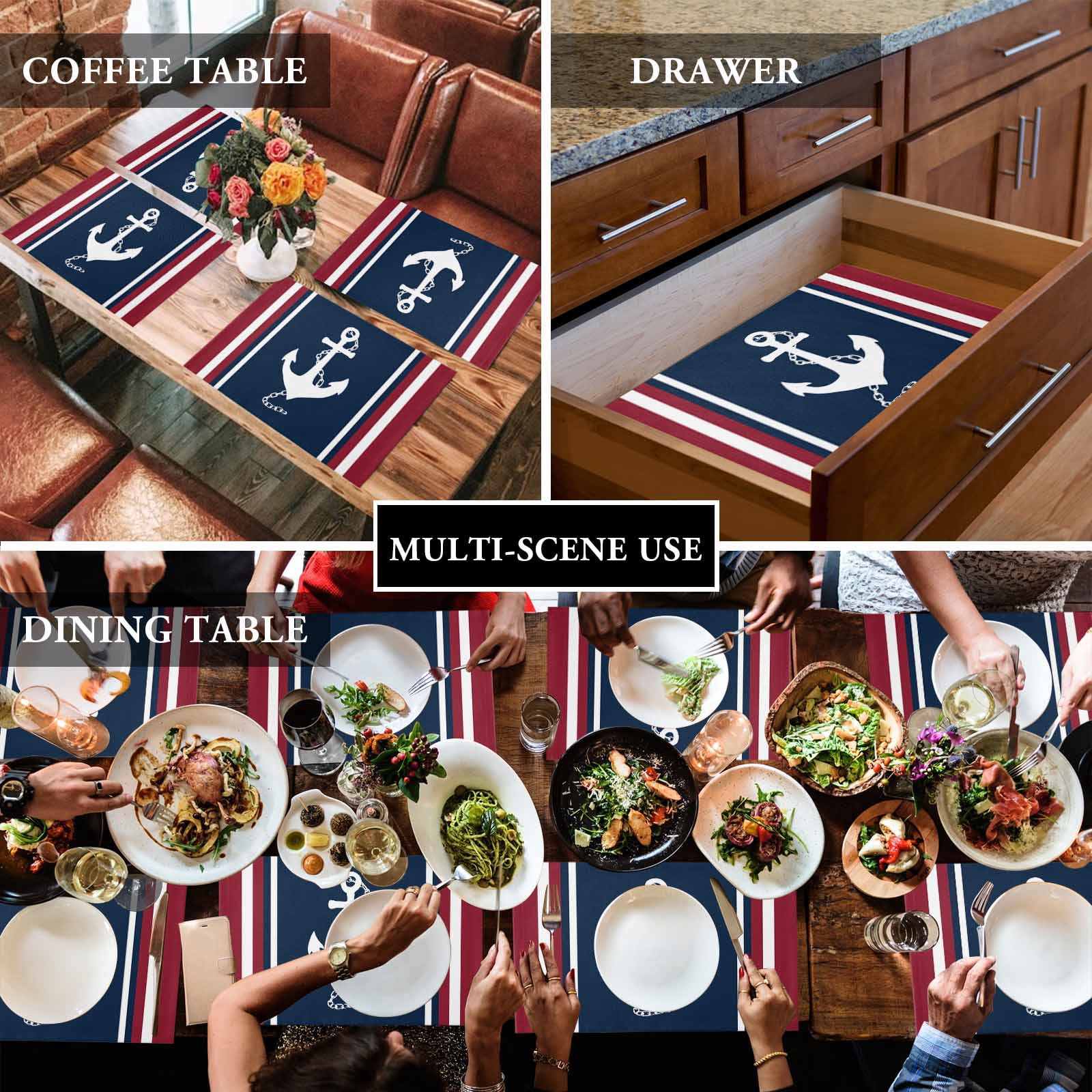 Placemats Set of 4, Nautical Anchor Placemats Set of 4, Navy Blue Red Stripes Tablemats Washable Placemat Table Decoration for Kitchen Table Dinner Party Home Decor Indoor Outdoor 13x19 Inch