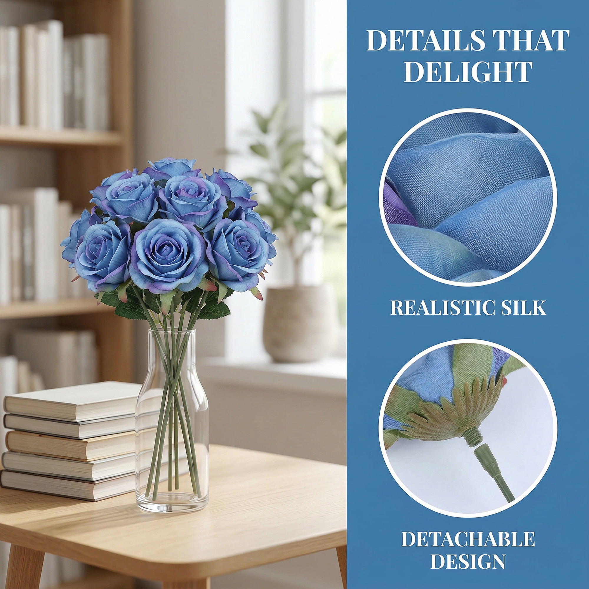 Unique Bargains 10Pcs Artificial Rose Flowers Petite Silk Bouquets Dark Blue 8.1 in