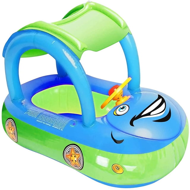 Baby Inflatable Pool Float with Sun Protection ,Car Shaped Babies Swim Float Boat for Toddler Infant Swim Ring Pool Spring Floaties Summer Beach Outdoor Play Fit 6-36Months