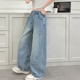 thumbnail image 4 of KVPLBQFD Girls Straight Leg Jeans Kids Y2K Star Applique Denim Pants Teens Casual Elastic Waist Jeggings Pants with Pockets, 4 of 7