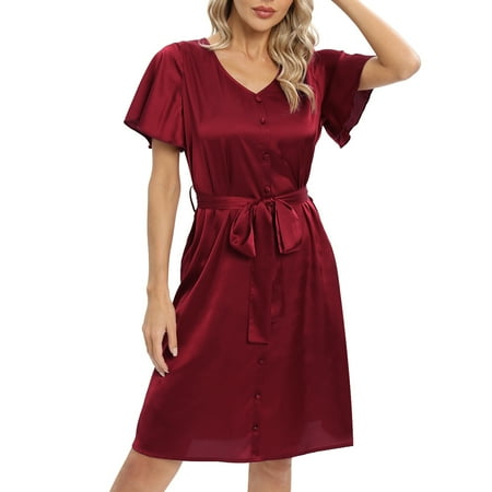 

Women s Satin Nightgown Short Sleeve Silk Sleepwear V Neck Sleep Dress Loose Pullover Nightshirts