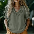 thumbnail image 4 of Yrmaups Loose Fit Short Sleeve T Shirt for Women, Casual V Neck Ruffle Blouse, Soft Stretch Everyday Tee for Beach Travel Office Daily Wear, Army Green 2XL, 4 of 9