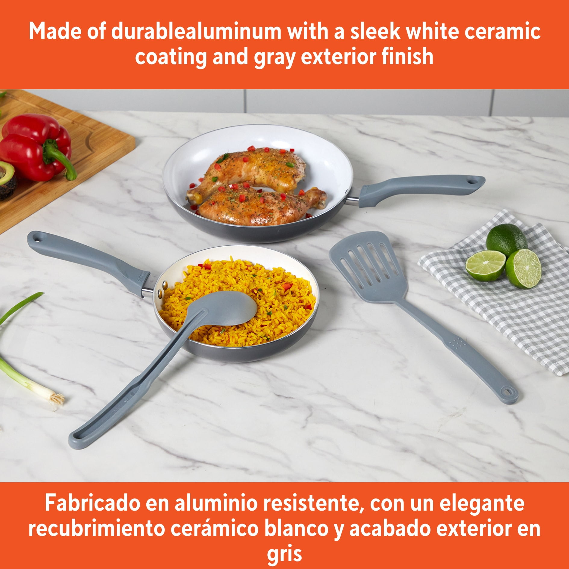IMUSA Nonstick Ceramic Cookware Set 4-Pieces, 8" and 10" Inches, with Stay-Cool Handles, Aluminum, Gray