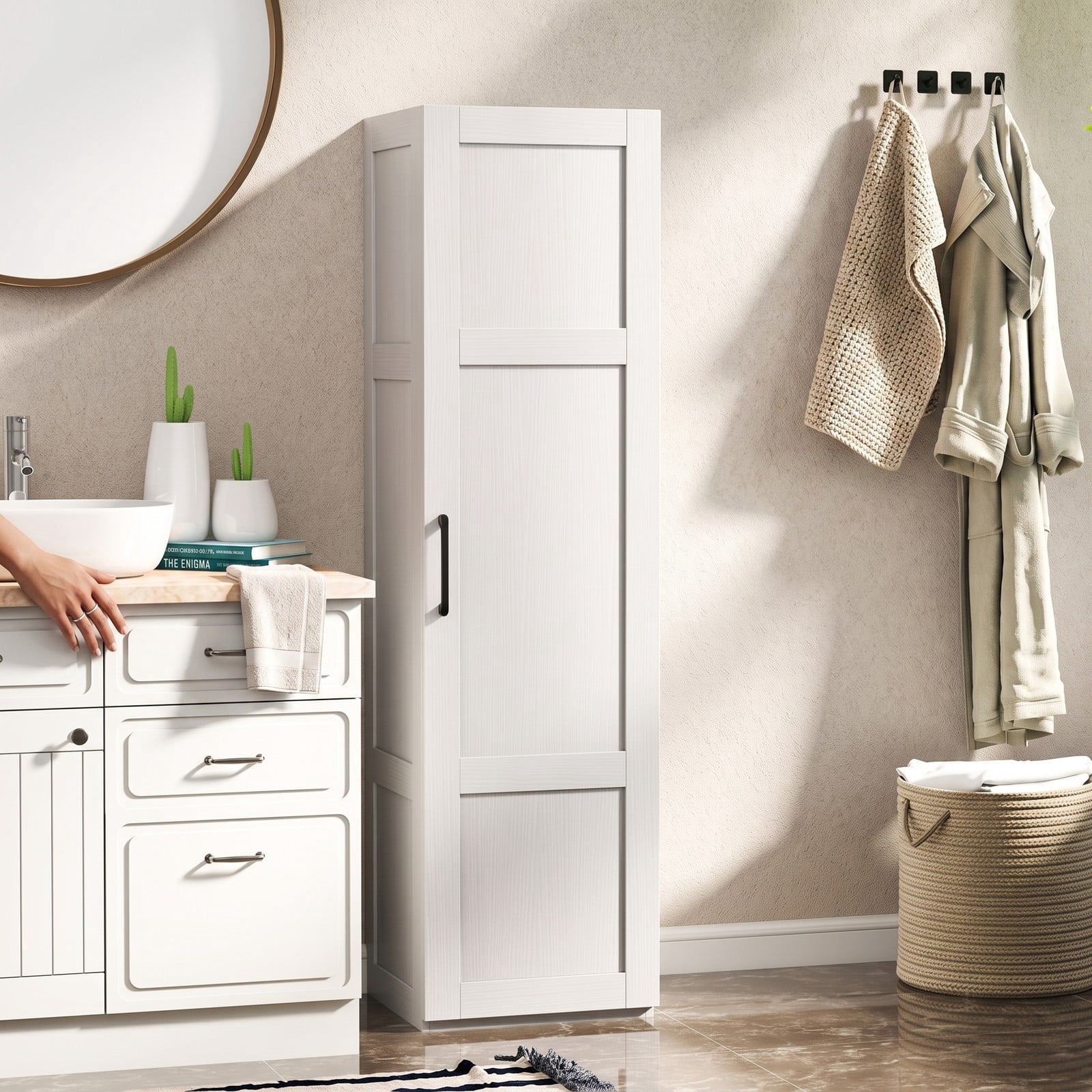 ALPULON Tall Narrow Storage Cabinet with 4 Shelves and Door, Freestanding Slim Bathroom Organizer Cabinet for Living Room Kitchen Utility Room, Engineered Wood, White