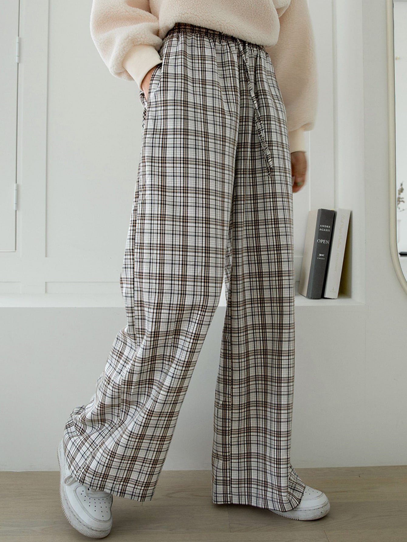 Checkered pants wide leg gray trousers vintage belted super high waist XXL