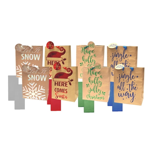 Christmas Kraft Meduim Gift Bags with Foil/Glitter Stamp (Tissue & Gift Tag Included) (Pack of 8)