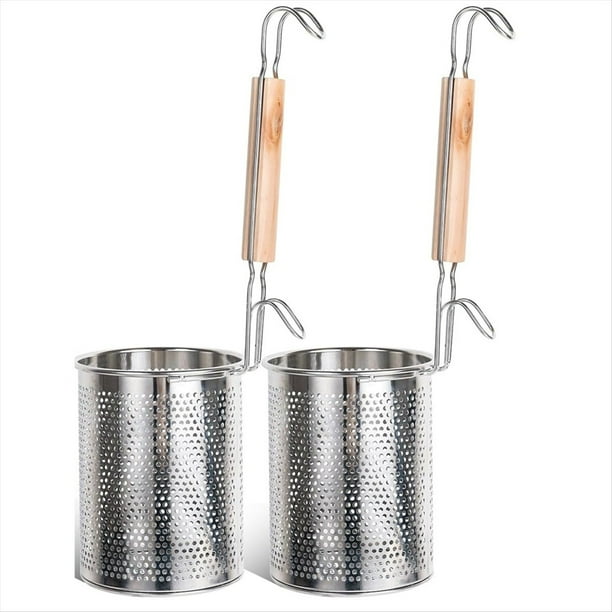 Paquete de 2 Cestas para Pasta, Colador de Fideos de de Acero Inoxidable con de Madera, para Hervir Alimentos, Pasta y Fideos.