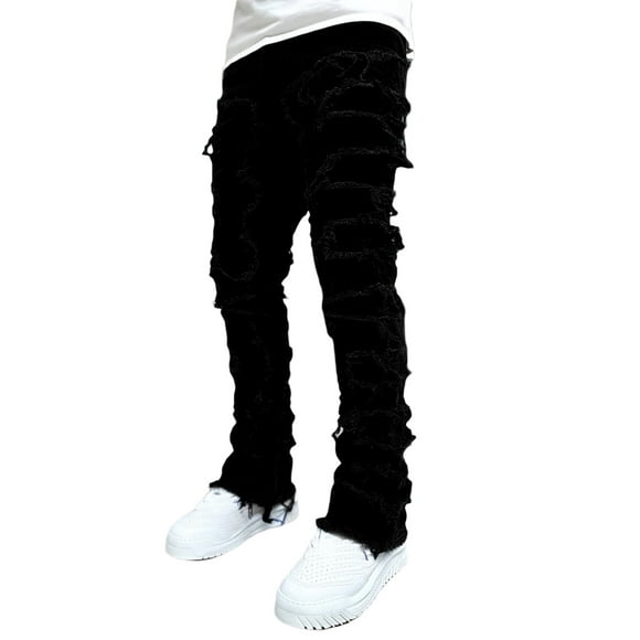 Fortune Men's Straight Leg Jeans Stacked Denim Jeans Ripped Distressed Destroyed Biker Jean Washed Denim Pants Streetwear Clothes