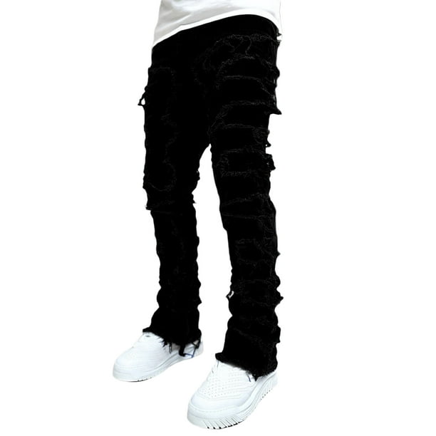 Opperiaya Men's Regular Fit Stacked Jeans Patch Distressed Destroyed  Straight Denim Pants Streetwear Clothes S-2XL 