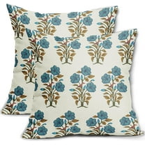 Blue Brown Floral Throw Pillow Covers 18x18 Blue Chinoiserie Flowers Leaves Birds Monsoon Decorative Pillows Outdoor Linen Farmhouse Cushion Case Pillowcase for Sofa Bed Room Decor Set of 2