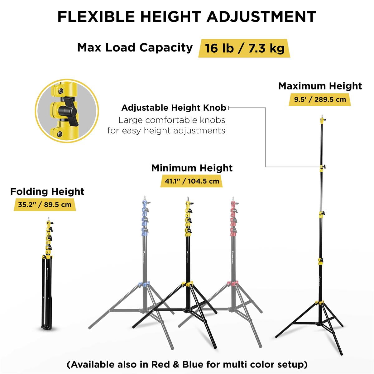 Flashpoint Flashpoint 9.5' Yellow Color Coded Pro Air Cushioned Heavy Duty Light Stand for Photography, this Portable Photography Light Stand Tripod is Lightweight and Durable, Perfect for Pro