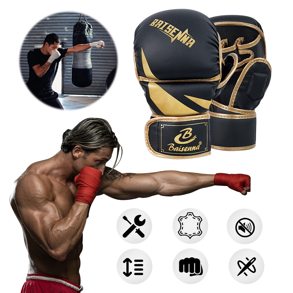 Half Finger Boxing Gloves Thickened Heavy Punching Bag Gloves Exercise Training PU Leather Sponge Gym Mitts Gloves(Children Black Gold)