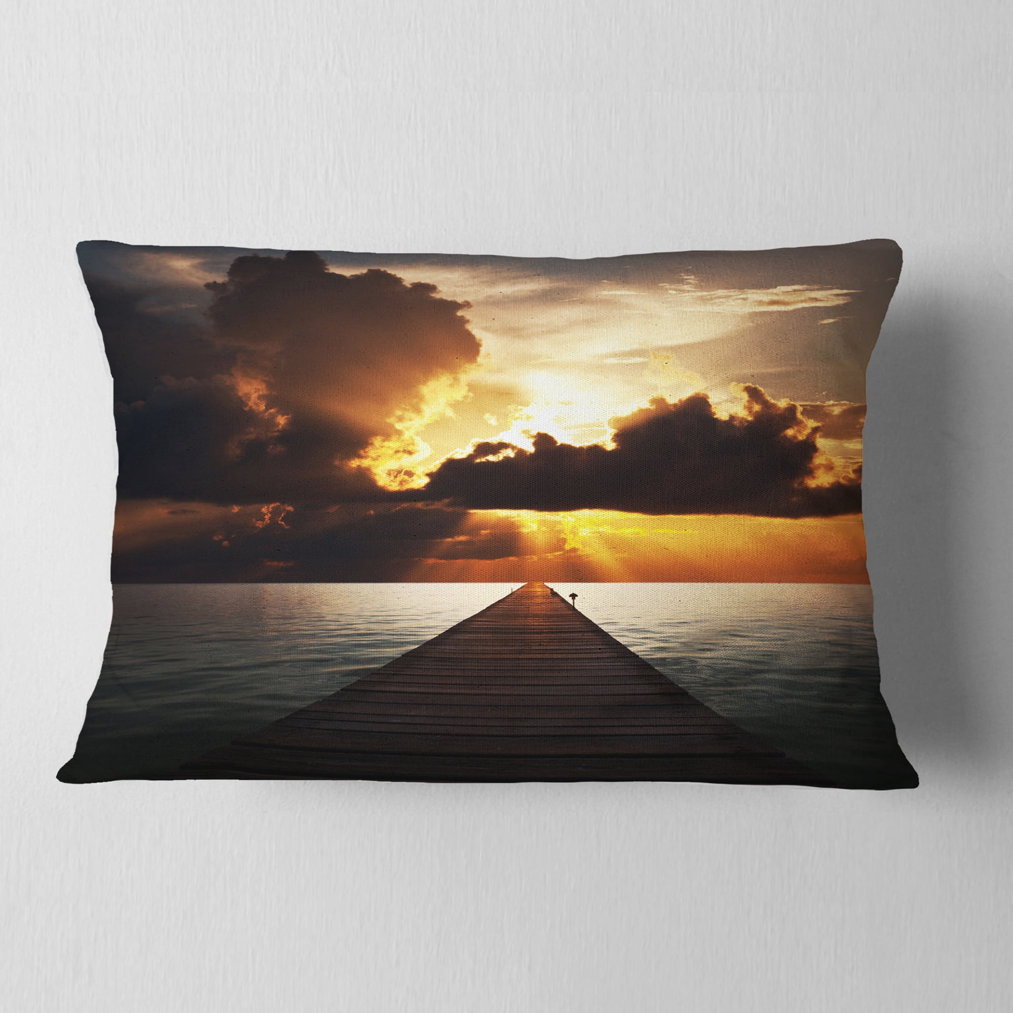 Designart Indefinite Wooden Pier to Gloomy Sea - Bridge Throw Pillow - 12x20