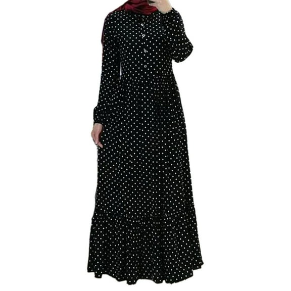 ZPAQI Women Muslim Lantern Sleeves Maxi Long Swing Dress Polka Dot Print Buttons Ruffles High Waist Islam Kaftan Abaya Hijab