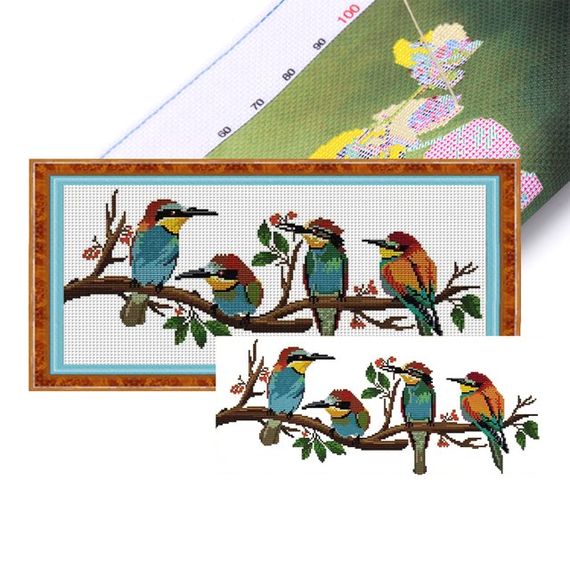 (DA540) Hilo Algodón Ecológico Bordado 14CT 2 Hebras Impresión 47*21cm Pájaro en La Rama Kit Serie Animal Punto Cruz