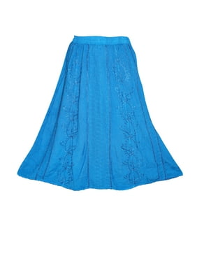 Mogul Womens Long Skirt Blue Embroidered A-line Flare Festive Skirts