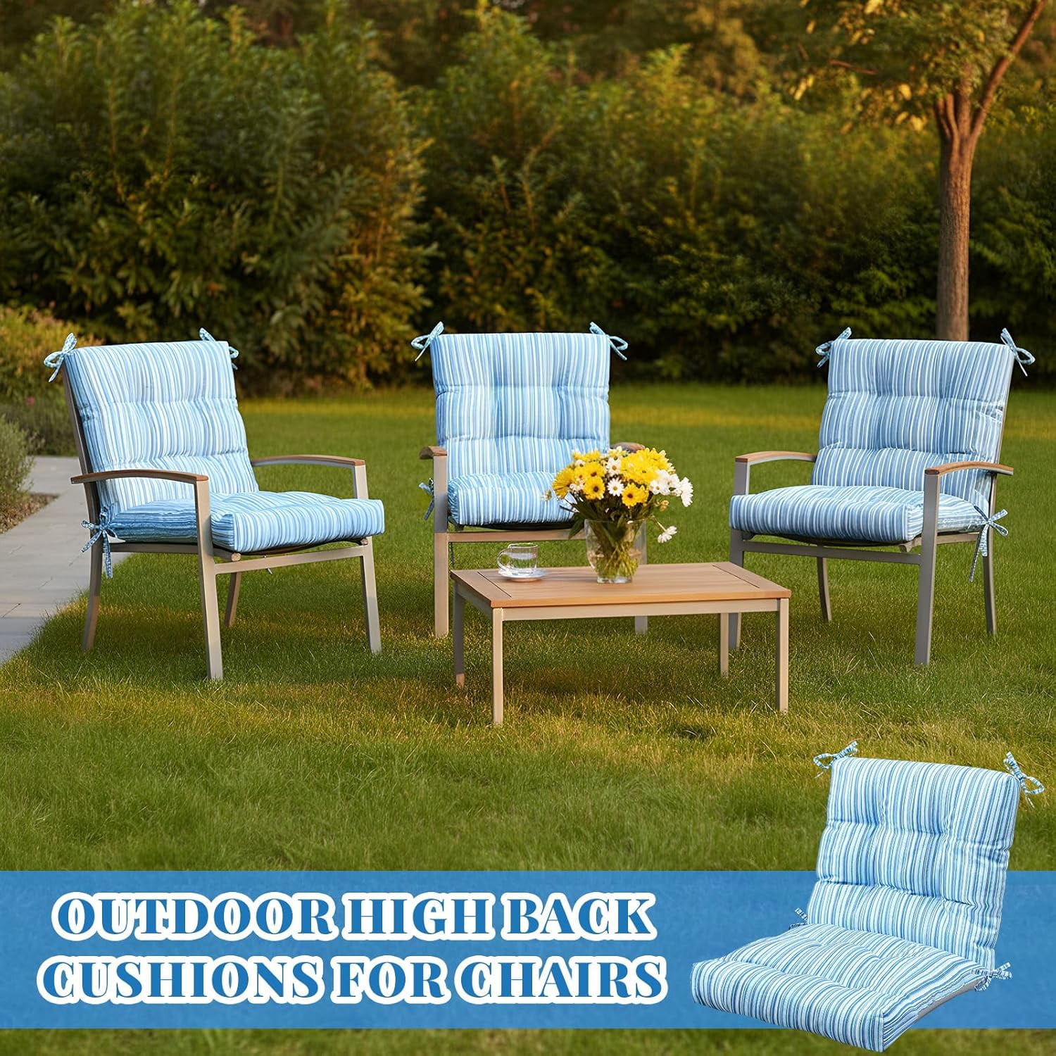 4 Pcs Outdoor Indoor High Back Chair Cushions Patio Furniture Tufted Pillow with Ties Water-Resistant Replacement Outdoor Rocking Chair Cushions, 42 x 21 Inches (Blue Stripes,Stripes)