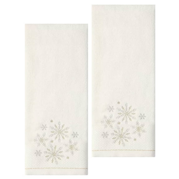St Nicholas Snowflake Off-White Bath Hand Towels Gold Silver Accents 2 Piece Set Cotton