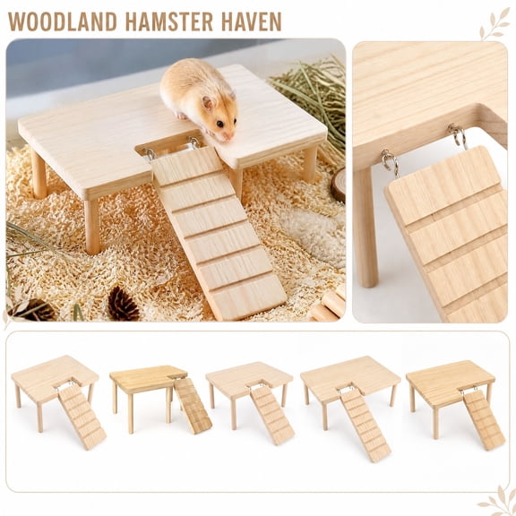 Wooden Hamster Platform with Climbing Ramp, Natural Wood Standing Ledge for Small Animal Cage Accessories, Syrian Hamster Dwarf Mouse Nesting Exercise Playground