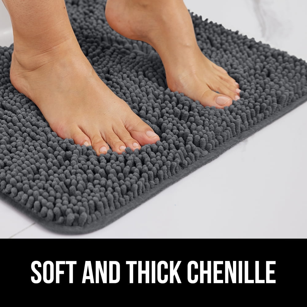 GORILLA GRIP Chenille Bath Rug 24x17, Rubber Backing Quick Dry Washable Microfiber Mats, Charcoal