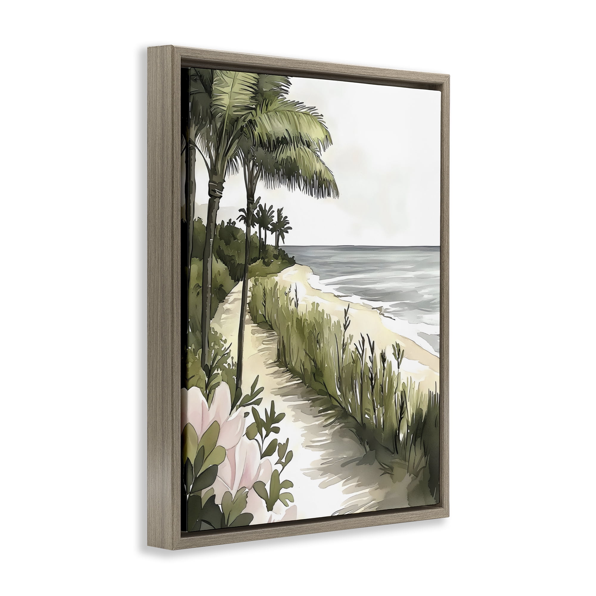 Stupell Industries Coastal Calm Palm Tree Pathway Brown Framed Floater Canvas Wall Art, design by Riley B