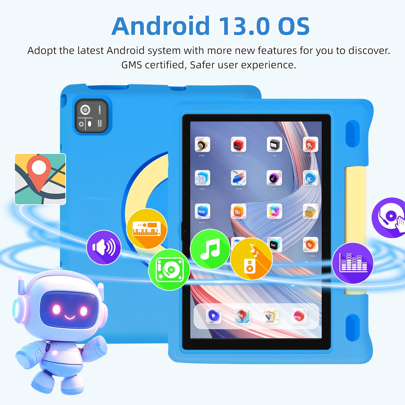 Kids Tablet, 10.1 inch IPS HD Touchscreen Android 14 64 GB Storage, 8GB RAM, Octa Core Tablet for Kid with Kid-Proof Case, Parental Controls, 12-hr Battery, WiFi, GPS – Blue