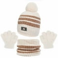 thumbnail image 2 of Xfvqtps Children 3 Piece Sets Hat Scarf and Gloves Knitted Fleece Lining Stripe Plush Pompom Thickened Windproof Coldproof Warm Winter Beanie Scarf and Glove 3PCS Outfits Set Beige, 2 of 9