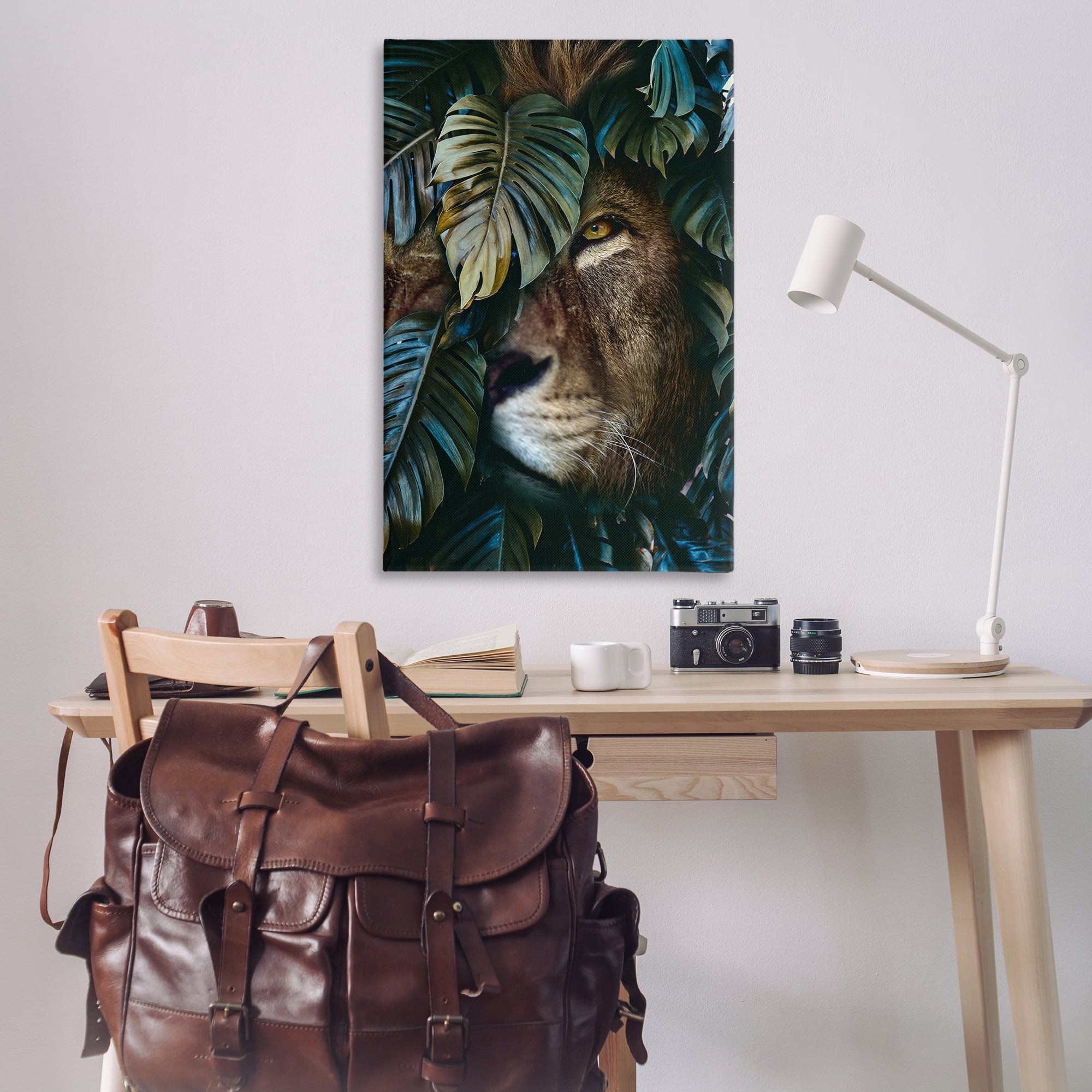 Stupell Industries Lion Peering Monstera Leaves Plants & Flowers Painting Wrapped Canvas Art Print Wall Art, 30 x 45
