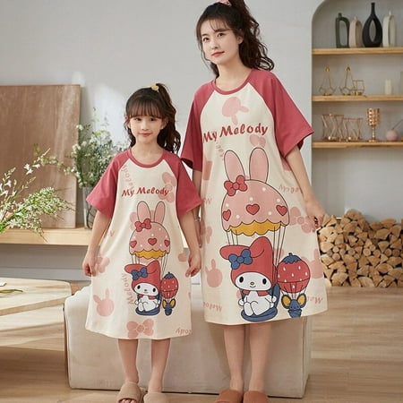 

Sanrio Cartoon Hellokitty Summer Parent-Child Pajamas Skirt Anime Kuromi Cinnamoroll Kawaii Cotton Short Sleeve Nightdress