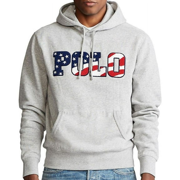 Polo Ralph Lauren Americana Flag Magic Fleece Hoodie Pullover Sweatshirt (Grey, Large)