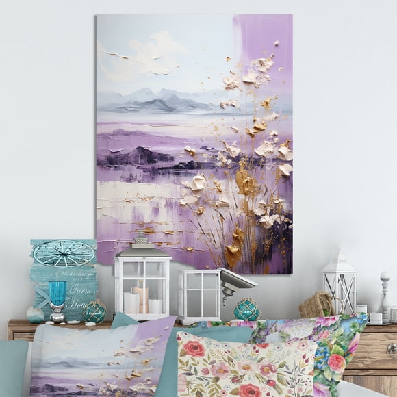 Designart "Purple & Gold Mountain Vista II" Abstract Landscapes Metal Wall Art, Purple Metal Wall Decor, Modern Metal Art Decor For Bedroom - 24x32 Inch