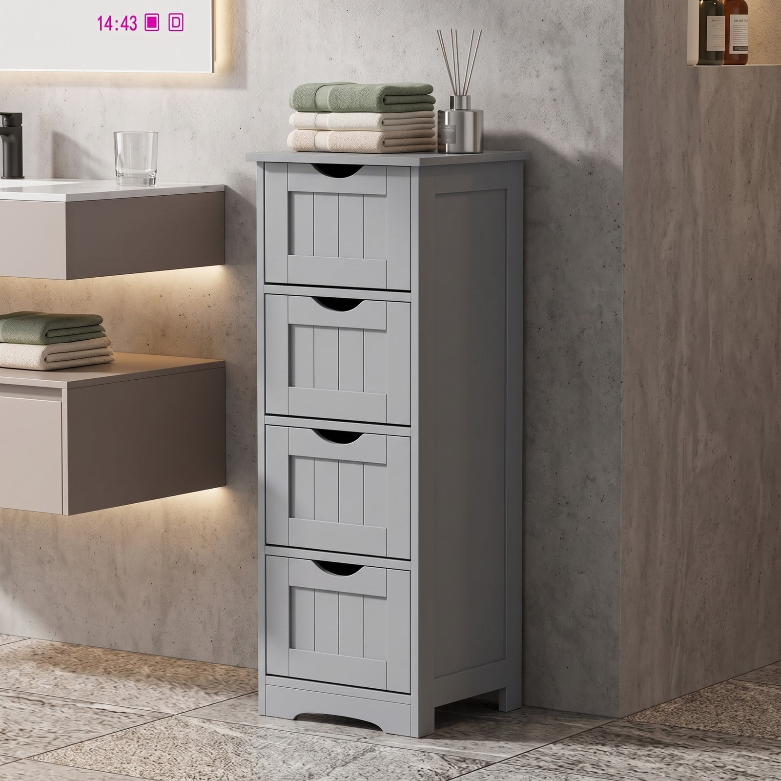 Fenbeli 4-Drawer Bathroom Floor Cabinet, Freestanding Wooden Storage Side Organizer with Anti-Toppling Device, Narrow Waterproof MDF Storage Tower for Bathroom, Gray