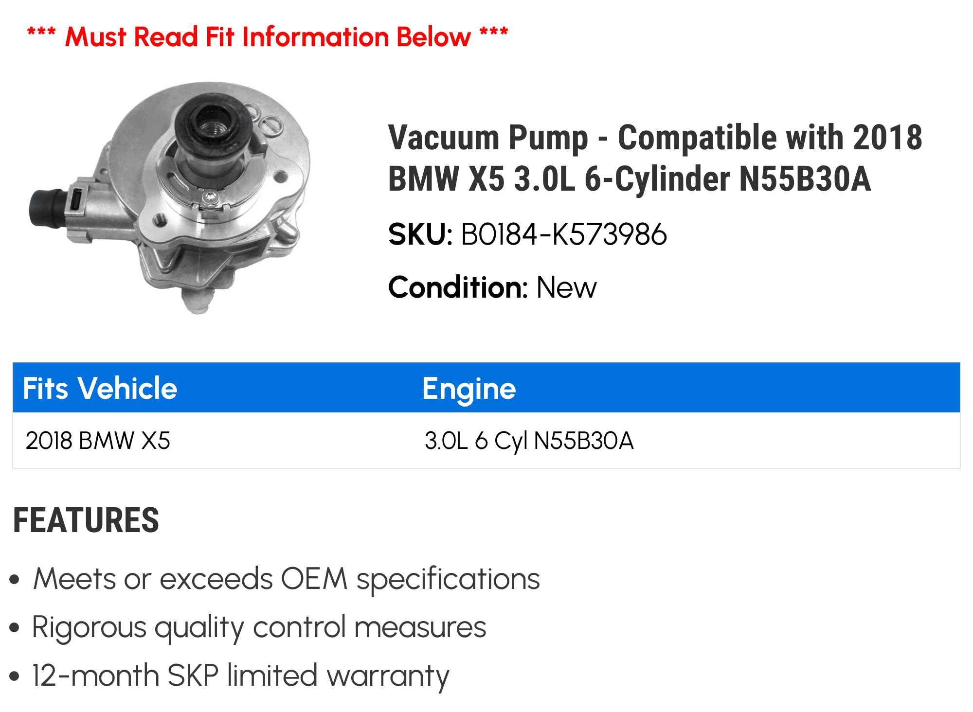 Vacuum Pump - Compatible with 2018 BMW X5 3.0L 6-Cylinder N55B30A
