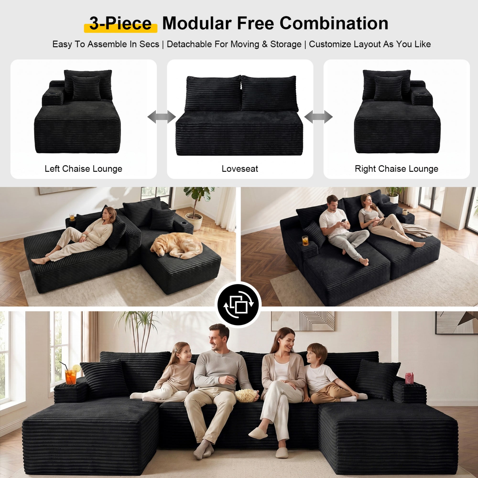 DEALTOPS 134" Corduroy U-Shape Modular Cloud Couch, Double Chaise Sectional Sofa with Cup Holders, Black