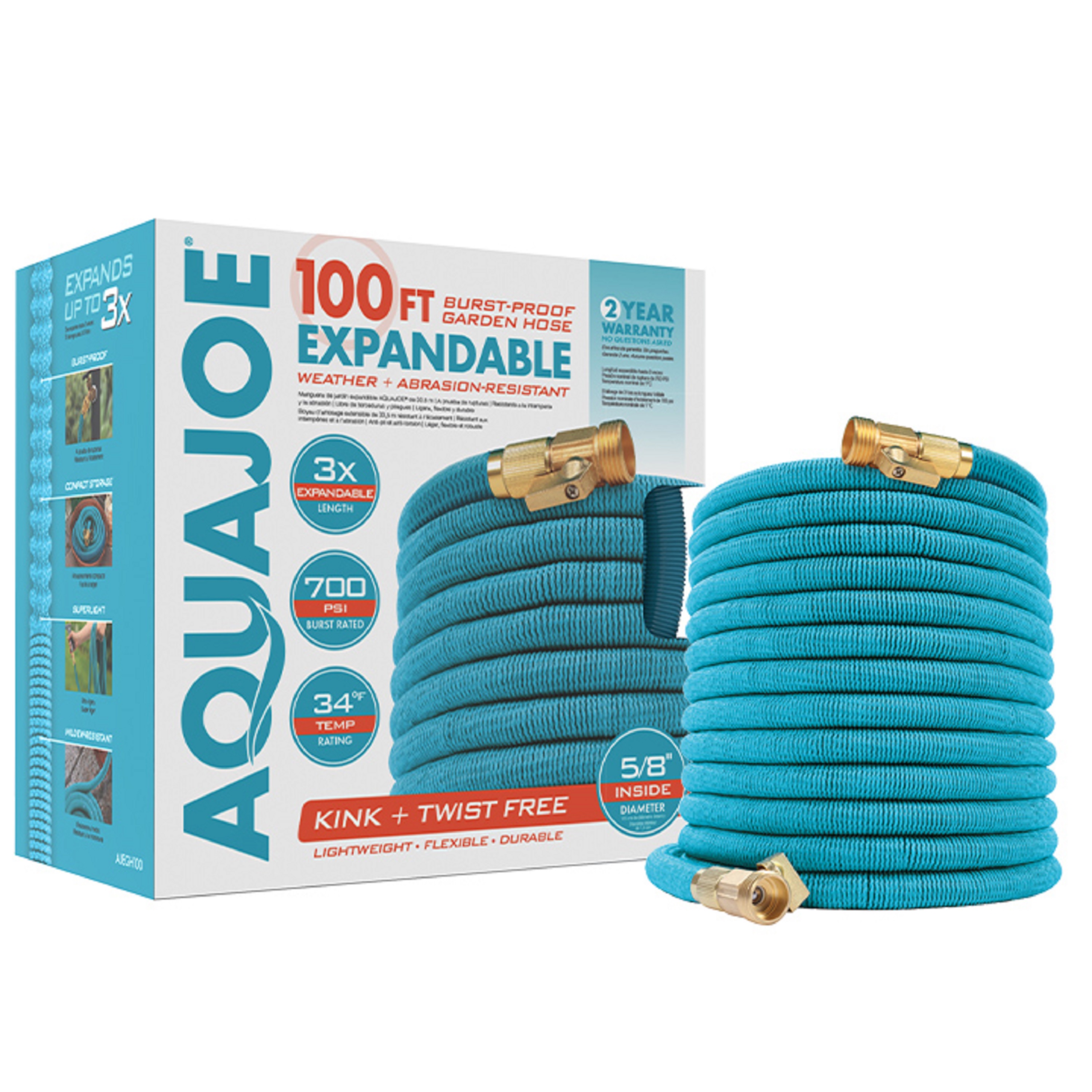 Aqua Joe Kink-Free 100-Foot Expandable Garden Hoses W/ Heavy-Duty Brass Valve & Flow Control Shut-off, 5/8-inch (Light Blue)