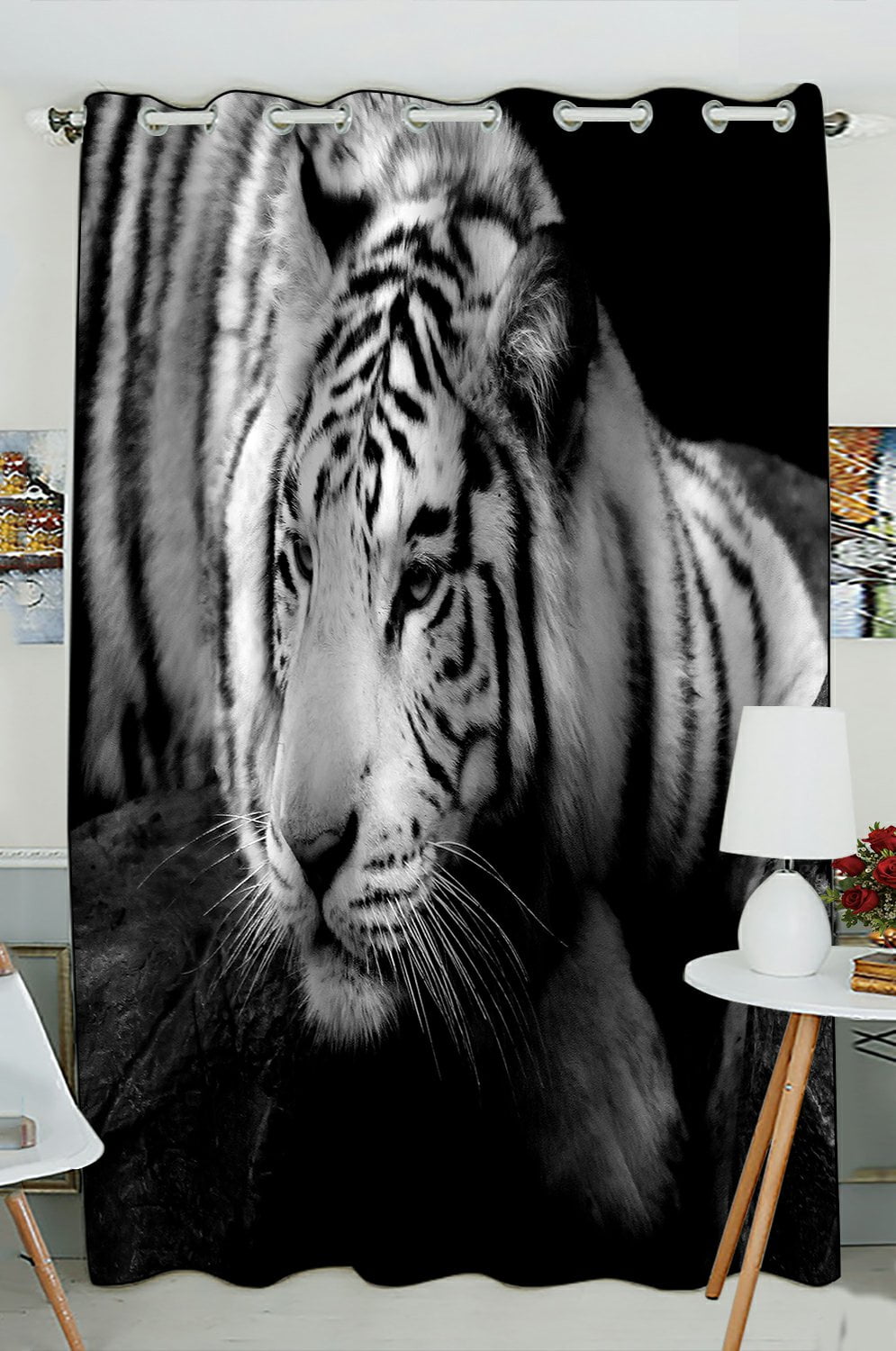 Phfzk Animal Window Curtain, Lazy Siberian Tiger Black And ...