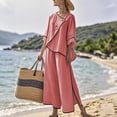 thumbnail image 2 of Daiosportswear Woman 3/4 Sleeve Vacationset Button V-Neck Loose Irregular Top and Split Wide Leg Trousers Suit,2 Piece Sets for Women Pink M(M), 2 of 9