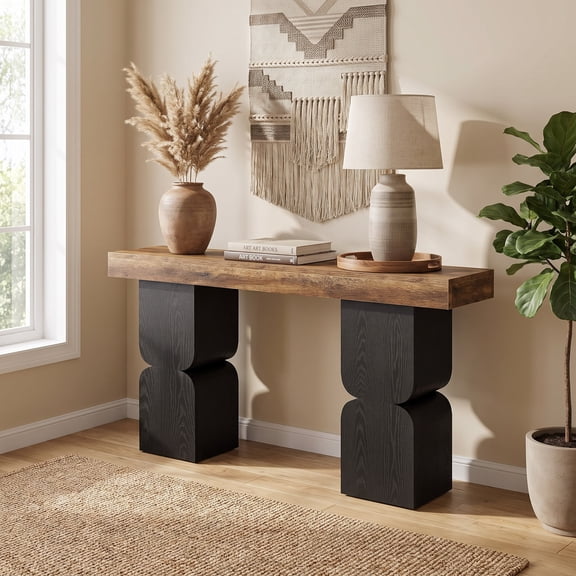 Fnova 63" Modern Console Table, Colour Blocking Entryway Table with Thick Tabletop & Column Legs, Narrow Sofa Table for Living Room, Hallway