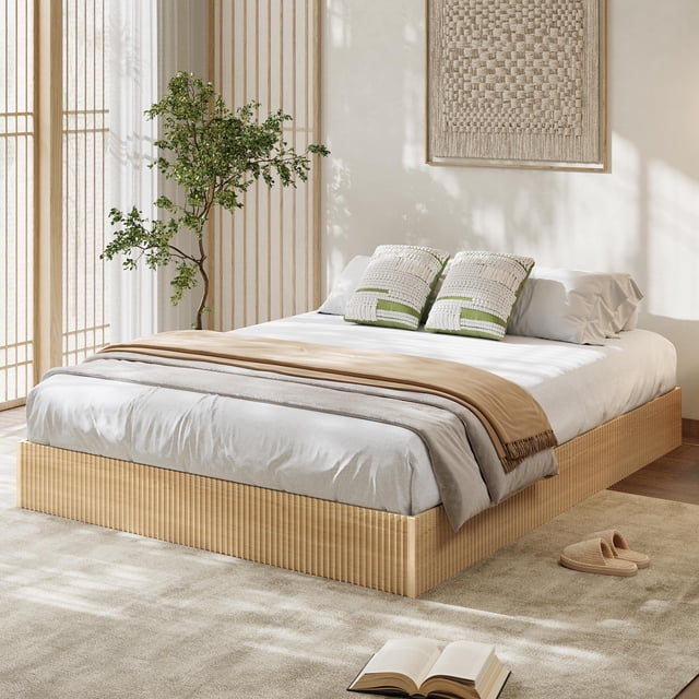 Wood Bed Frame, Fluted Wooden Platform Bed, Easy Assembly, No Box Spring Needed, Noise Free