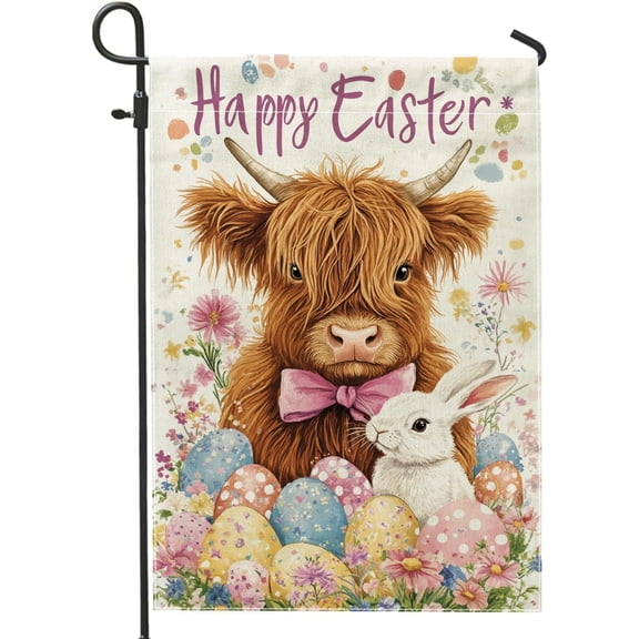 Highland Cow Happy Easter Garden Flag 12x18 Inch Double Sided Burlap, Colorful Eggs Floral Spring Outdoor Lawn Yard Decoration