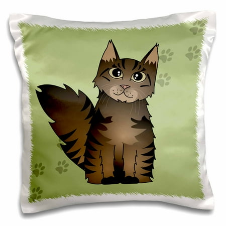 - 3dRose Cute Maine Coon Cartoon Cat - Brown Tabby - Green with Pawprint - Pillow Case, 16 by 16-inch
