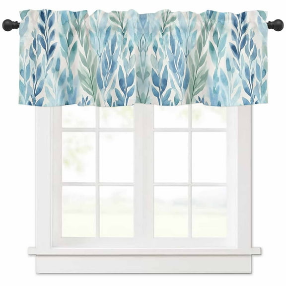nqOlkjepod Blue Green Leaf Farmhouse Short Window Curtain Valances, Summer Vintage Watercolor Plant Rod Pocket Kitchen Valances for Living Room Bedroom Bathroom Cafe, 1 Panel - 42" x 12"