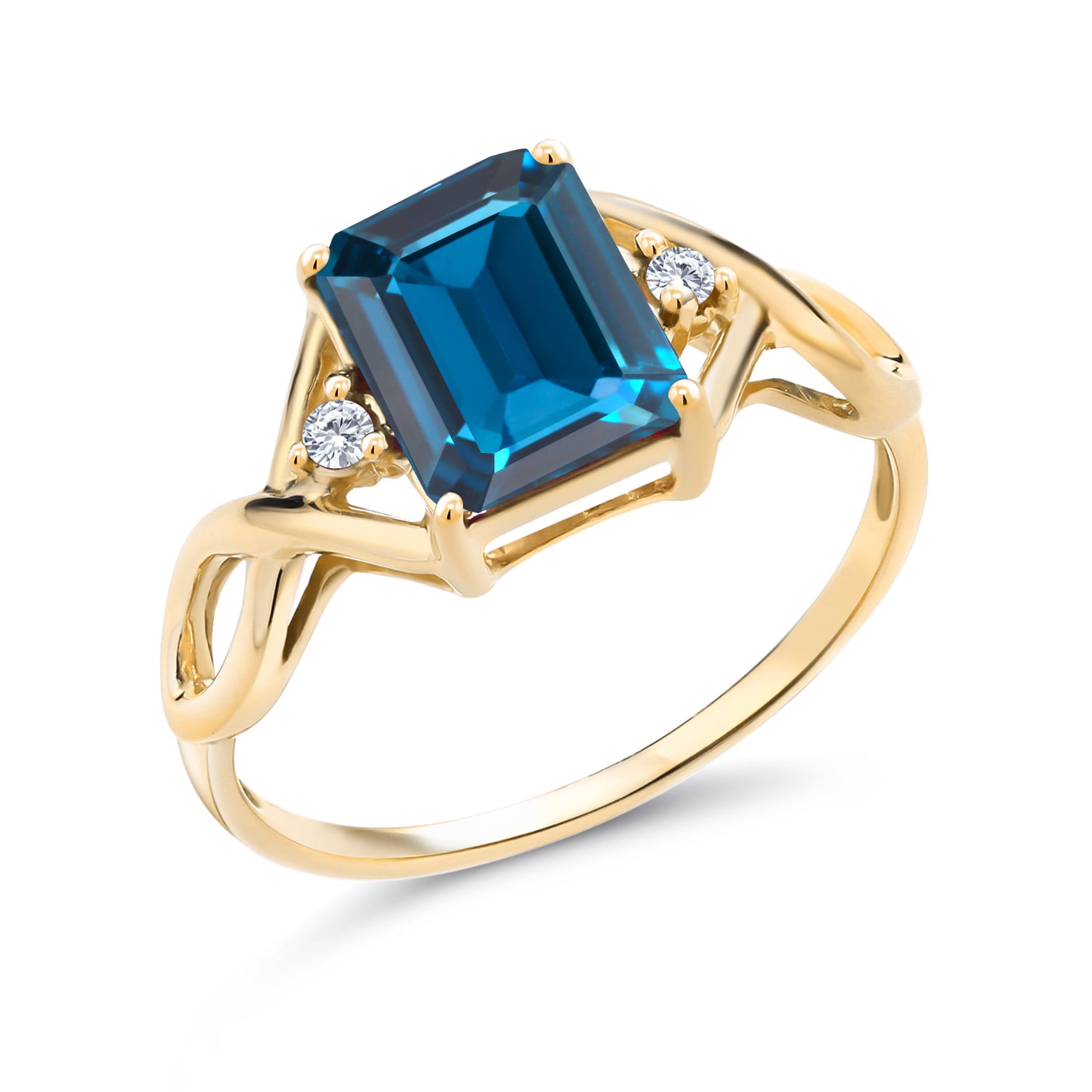 Gem Stone King 3-Stone Ring for Women | 18K Yellow Gold Plated Silver | 9X7MM Emerald Cut Gemstone Birthstone & Lab Grown Diamond | Wedding Anniversary Engagement Ring | Size 5-9 | Blue Topaz | 7