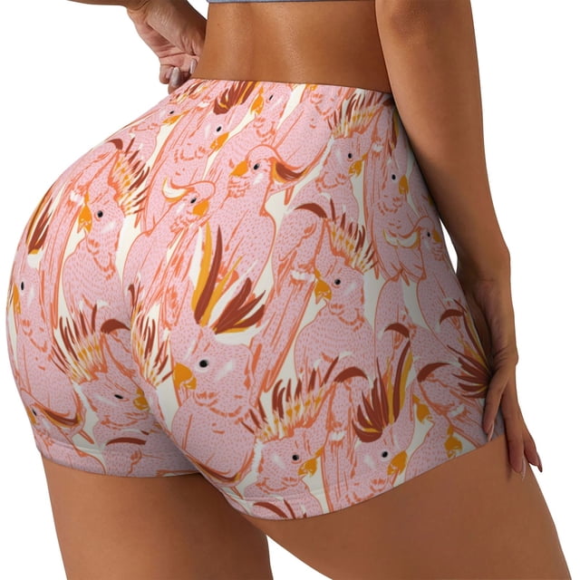 Fotbe Pink Cockatoo Birds Shorts Sin Costuras – Shorts Deportivos de Cintura Alta para Mujer, Elásticos para Gimnasio, Yoga, Running o Ciclismo-Large