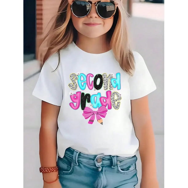 Kids Cotton T-Shirt, First Day of School Top Black Short Sleeve Tee For Grade 2, Print Summer outdoor Sports Shirts, Size 4Y-13Y With Black, Back To School Second Grade Graphic Tee