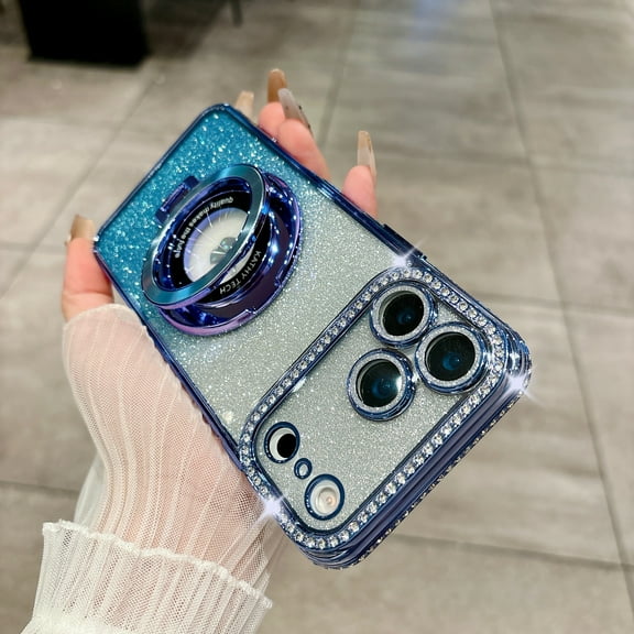 for iPhone 17 Pro Max Luxury Case, Magnetic Gradient Glitter Paper Ring Bracket Diamond Shockproof Protective Plating TPU Wireless Charging Phone Case Cover for iPhone 17 Pro Max, Blue
