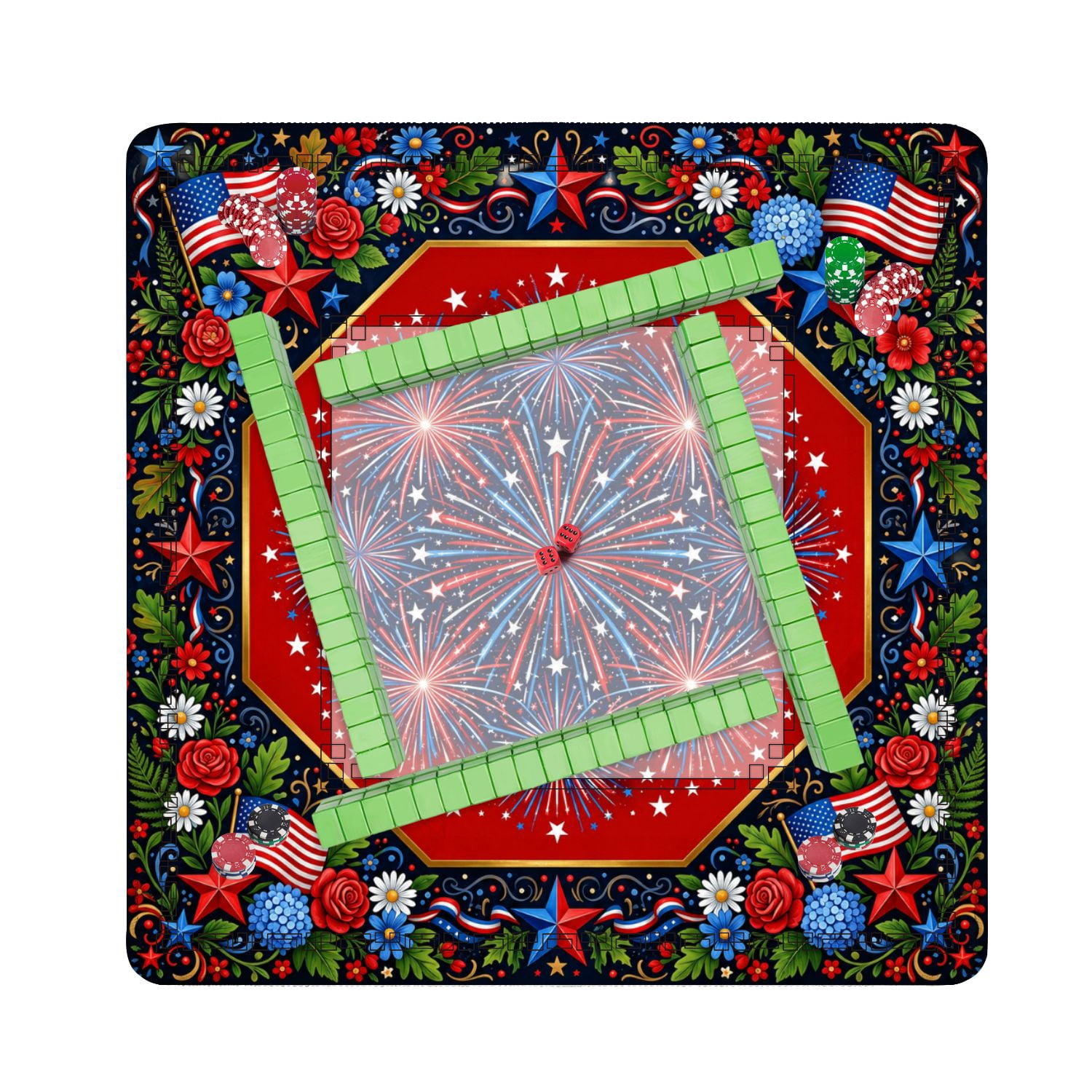 Mahjong Mat 31.5" x 31.5" Patriotic Fireworks American Flags Floral Borders Non-Slip Noise Reduction American Mahjong Tiles Table Cover for Dominoes Poker Card Board Games Gift
