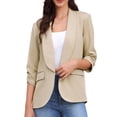 thumbnail image 1 of Blazer de oficina INSPIRE CHIC para mujer con cuello chal, mangas 3/4 arrugadas, blazer de traje elegante, talla S, color caqui, 1 of 6